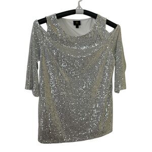 JM Collection Sequin Cold Shoulder Top | Size XL | Silver | White Back